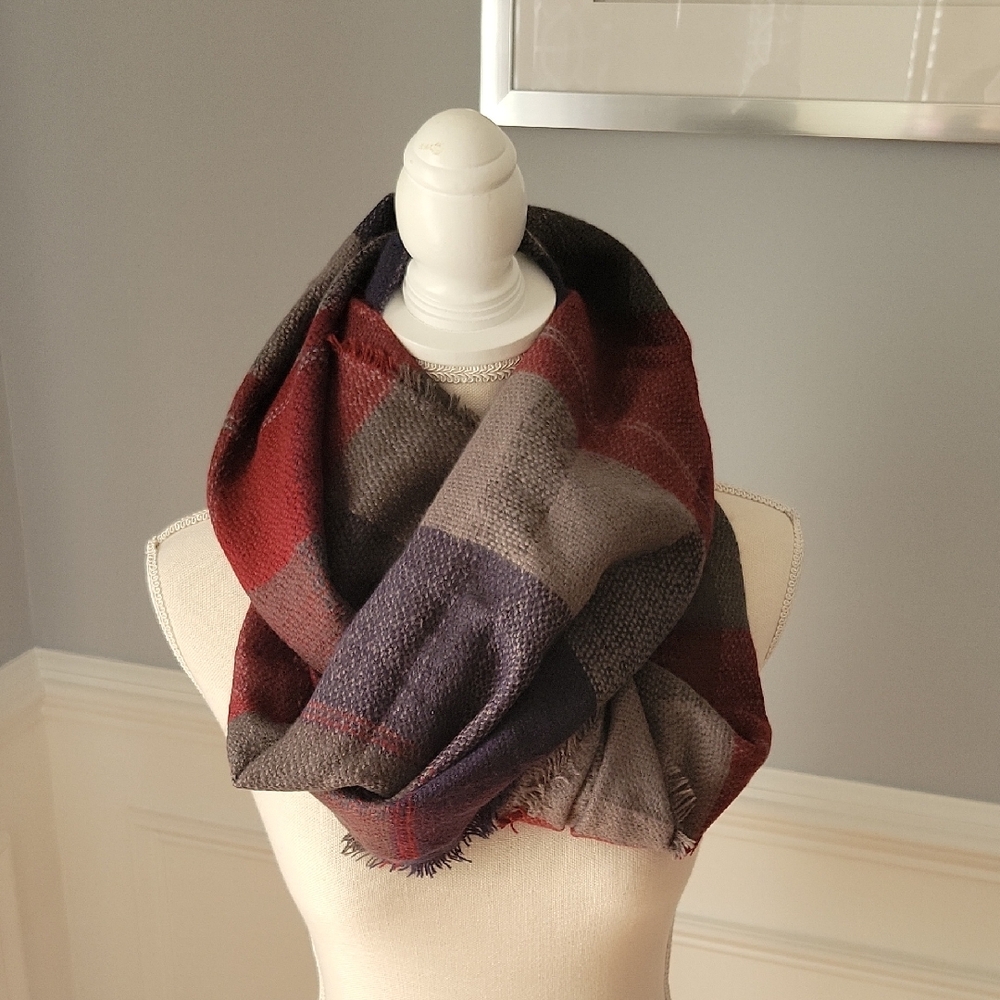 Brass Plum Infinity Scarf Blue, Red, Gray Plaid Women